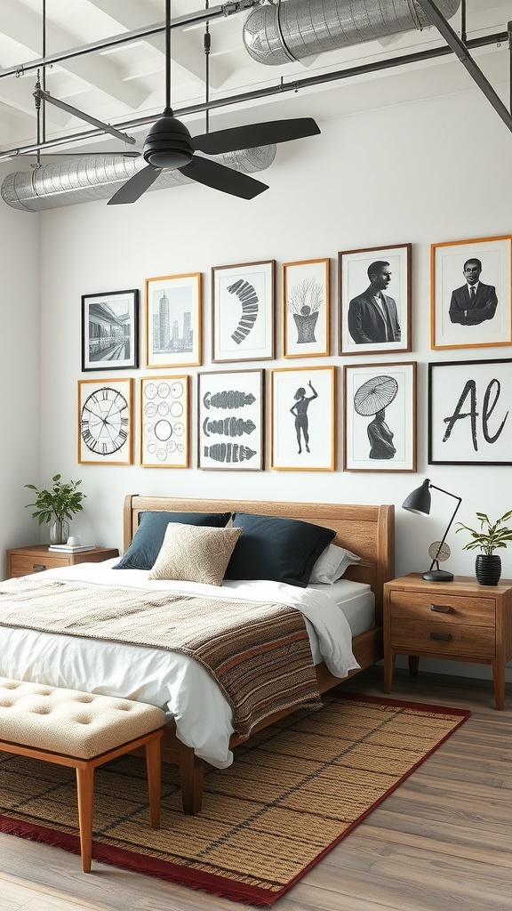 An industrial bedroom with a stylish display of framed black-and-white artwork on the wall, featuring a wooden bed, bedside tables, and a cozy rug.