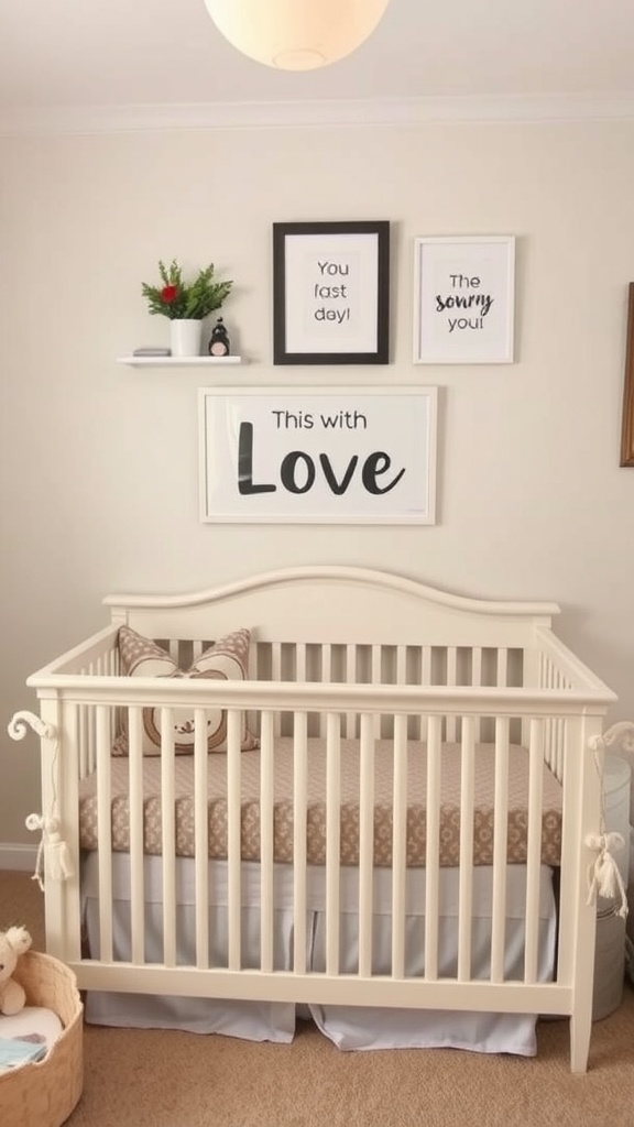 A nursery featuring a crib, personalized artwork on the wall, and a cozy decor