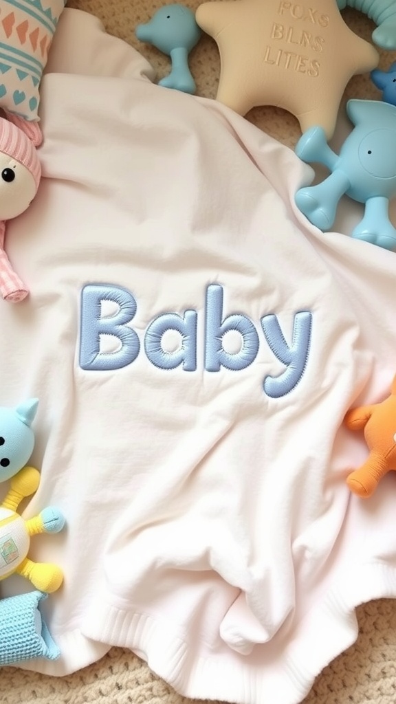 A personalized baby blanket with the word 'Baby' in blue, surrounded by colorful toys.