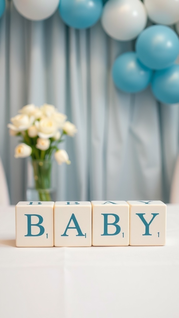 Personalized baby blocks spelling 'BABY' on a table with blue balloons in the background