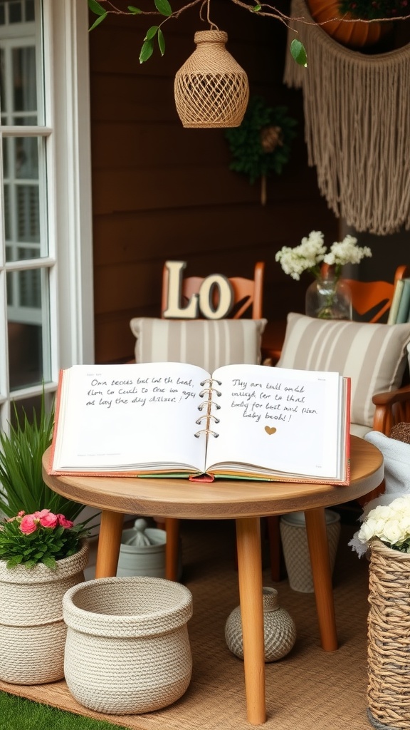 A personalized baby books station featuring an open baby book with messages, a wooden table, and decorative potted plants.