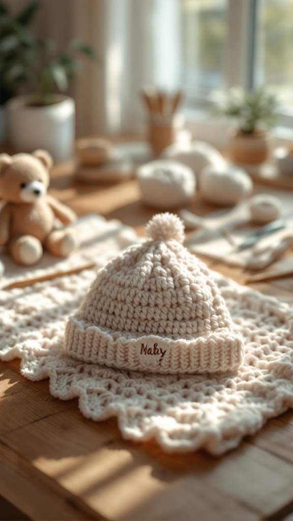 Crochet baby hat with the name 'Maly' stitched on it, placed on a lace tablecloth with a teddy bear in the background.