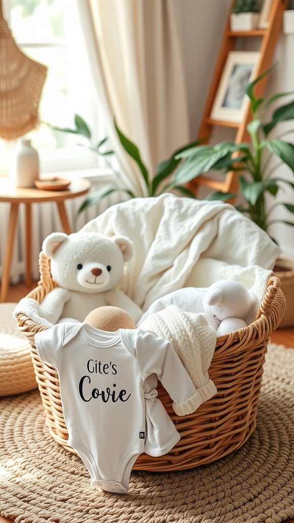 A woven basket filled with a personalized baby onesie, a teddy bear, and cozy blankets.