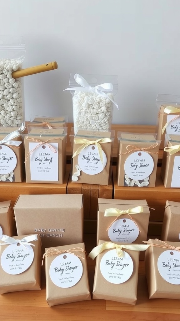 A variety of personalized baby shower favors neatly arranged, featuring cute labels and ribbons.