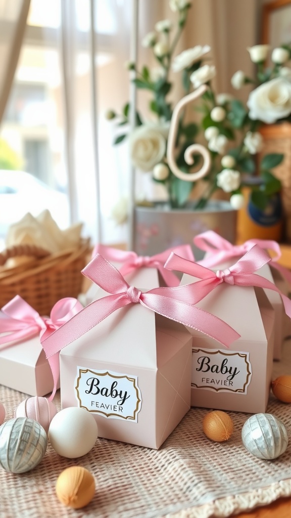 Personalized baby shower favor boxes with pink ribbons and decorative items.