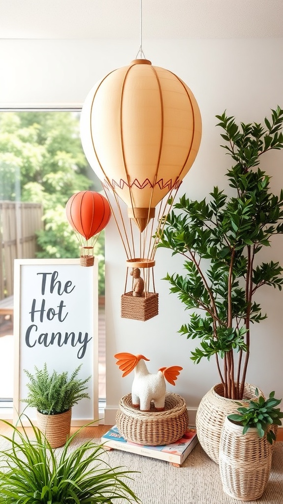 A cozy nursery featuring a large hot air balloon decoration, small balloon accents, plants, and playful decor.
