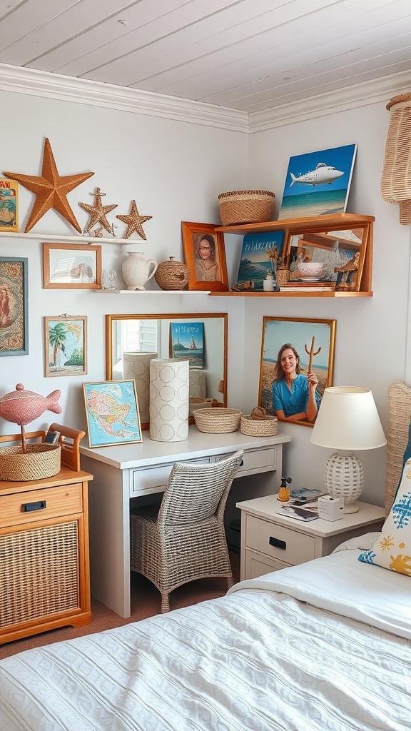 A cozy beach-themed bedroom featuring personalized decorations and memorabilia.