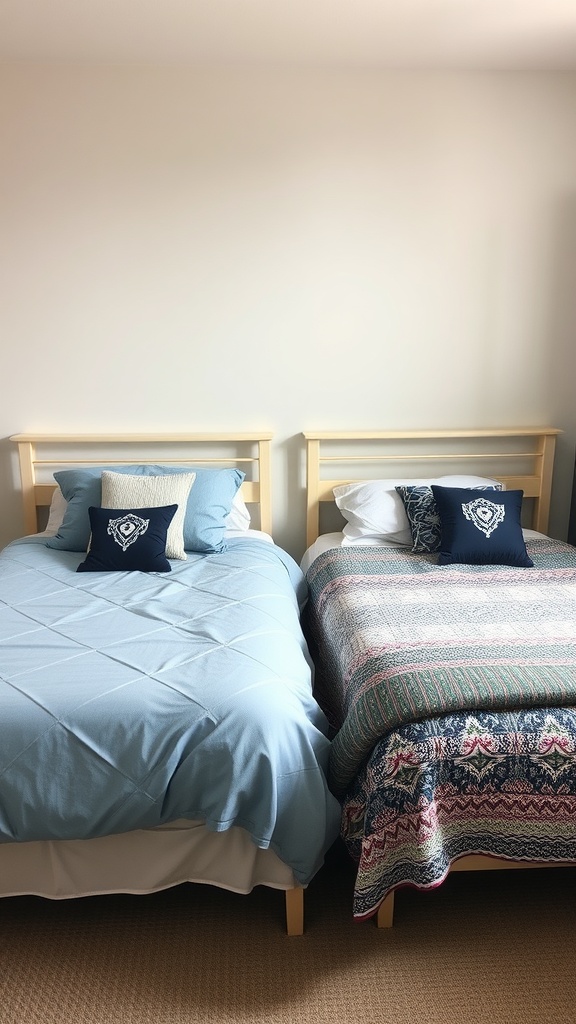 Two beds in a shared bedroom, one with a blue comforter and decorative pillow, and the other with a colorful patterned bedspread.