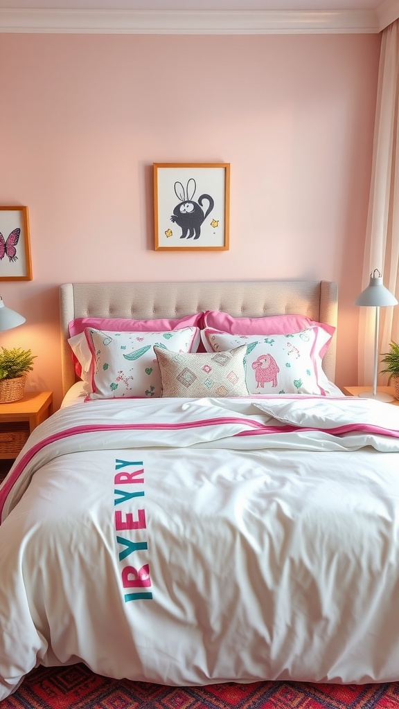 A cozy bed with personalized bed linens featuring playful designs and bright colors.