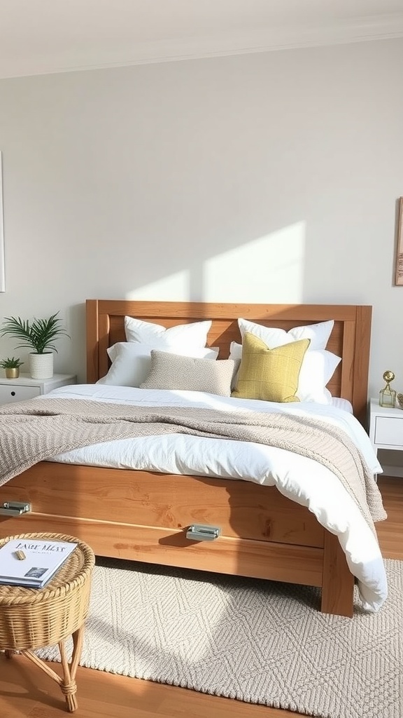 Cozy farmhouse bedroom with wooden bed and layered bedding.