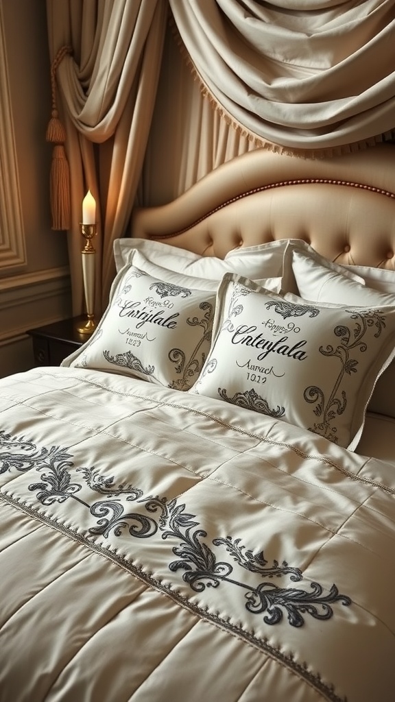 Luxurious bedroom with personalized bedding and elegant decor