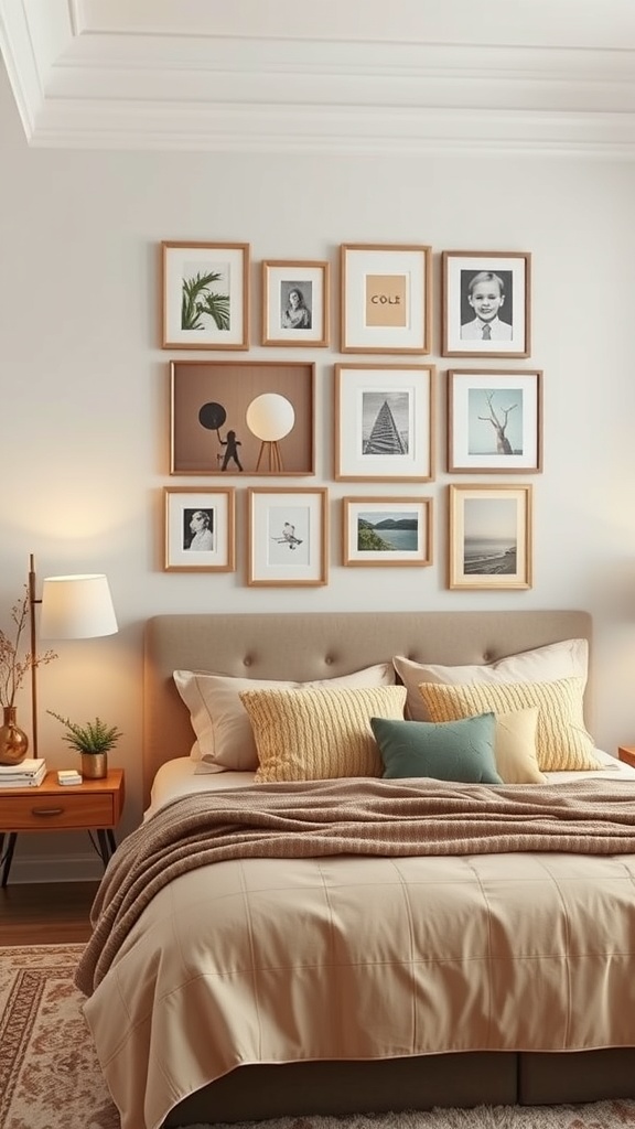 A beige and brown bedroom featuring a gallery wall with various framed artworks and photographs.