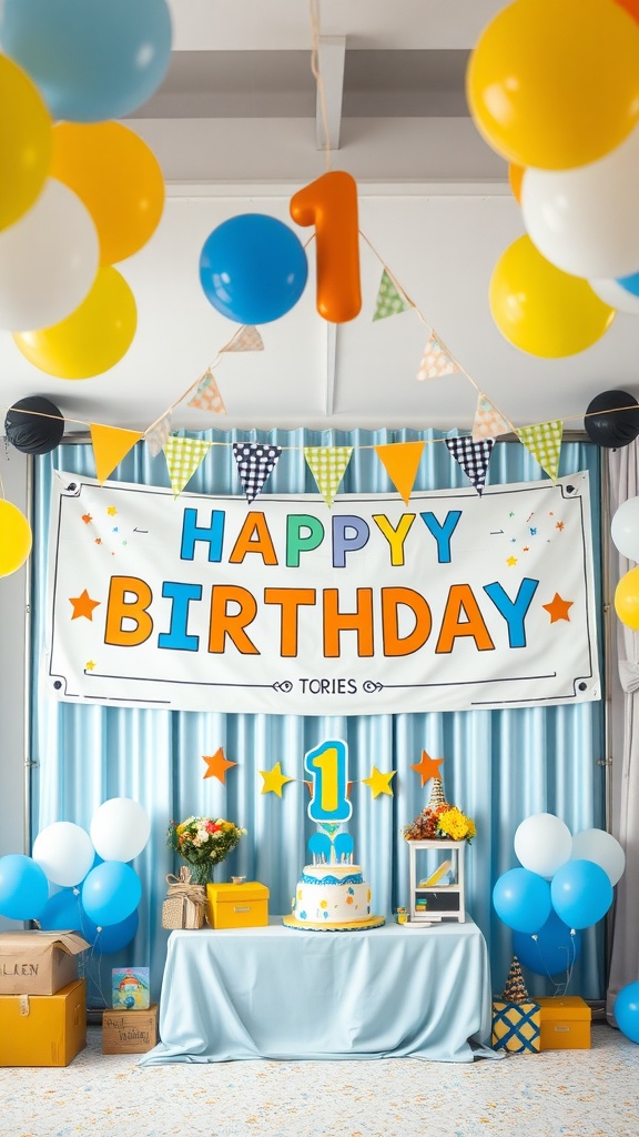 Colorful birthday banner for a one-year-old's party with balloons and decorations.