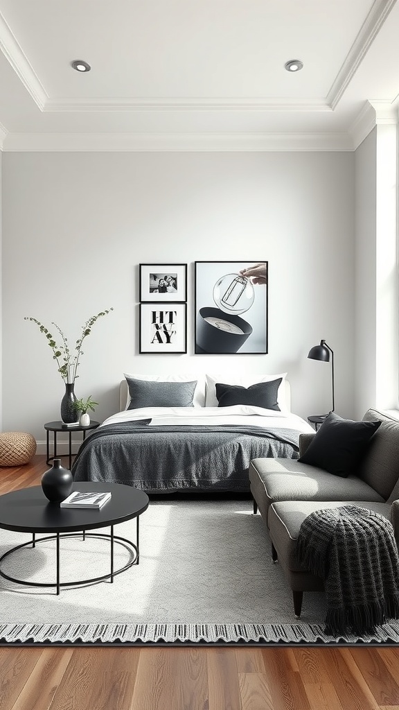 A modern black living room featuring a bed with gray linens, black coffee table, and framed artwork on the wall.