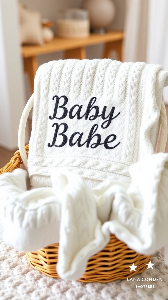 A cozy white blanket with 'Baby Babe' embroidered on it, placed in a wicker basket.