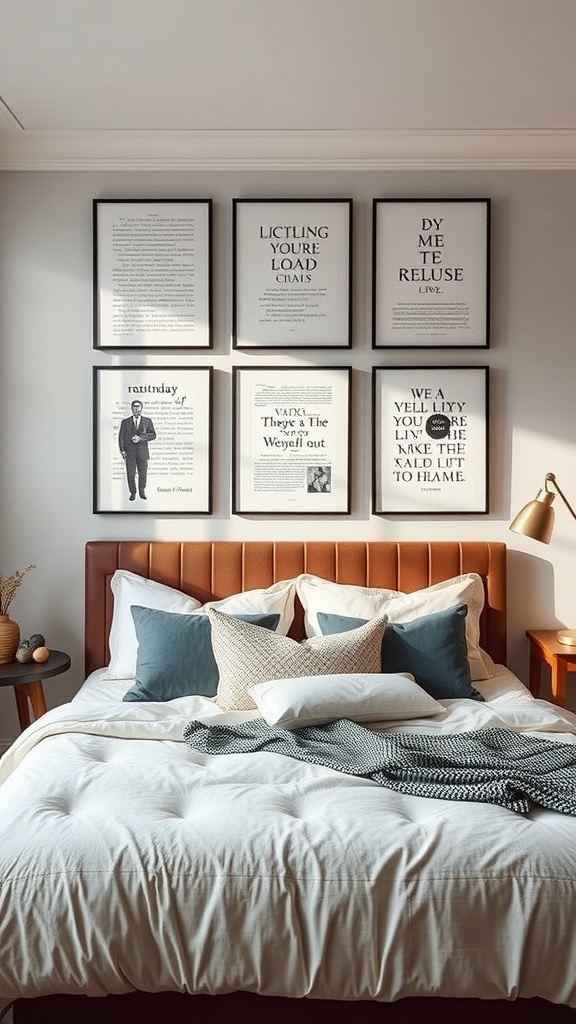 A cozy bedroom featuring a bed with multiple framed book art pieces on the wall above it.