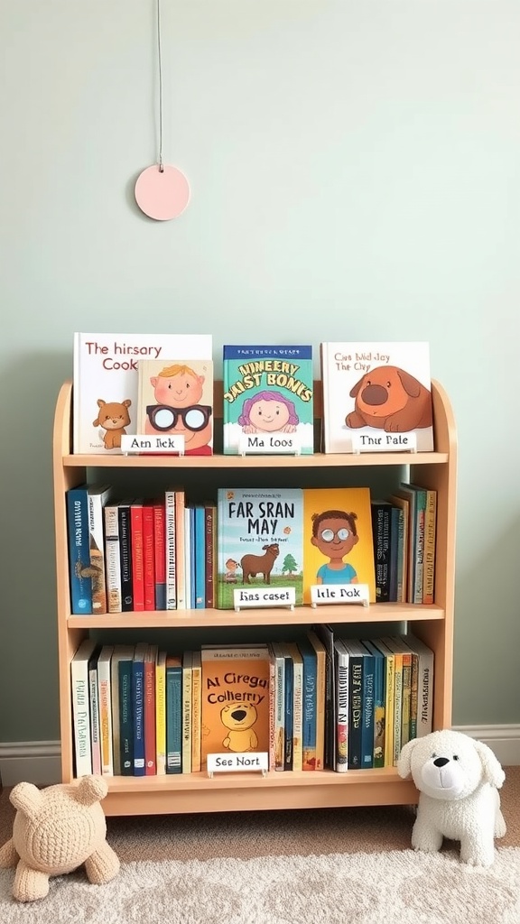 A wooden bookshelf filled with children's books and two plush toys on the floor.