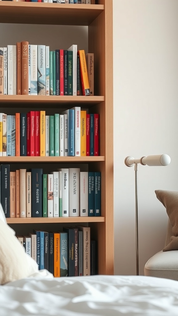 A cozy home library with a bookshelf filled with colorful books and a reading lamp.