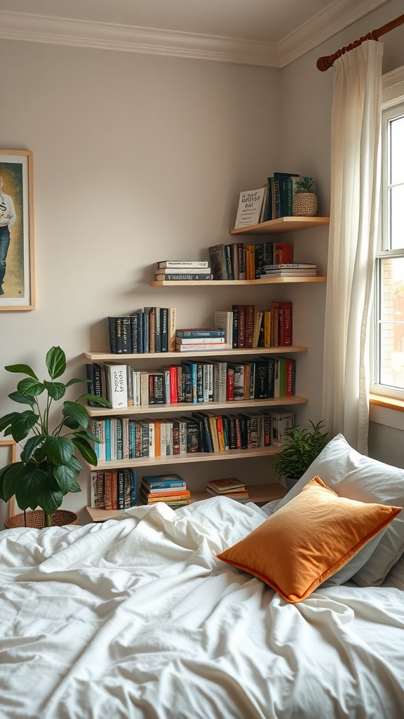 Cozy bedroom corner with wooden shelves filled with books, a white bed with colorful pillows, and a green plant.
