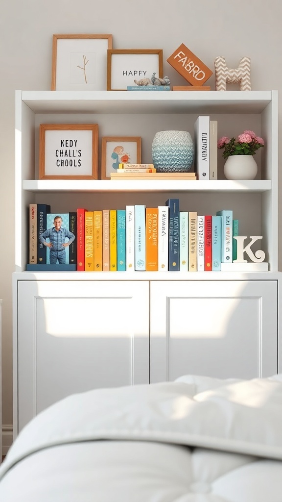 A nursery bookshelf with colorful books and personalized bookends.