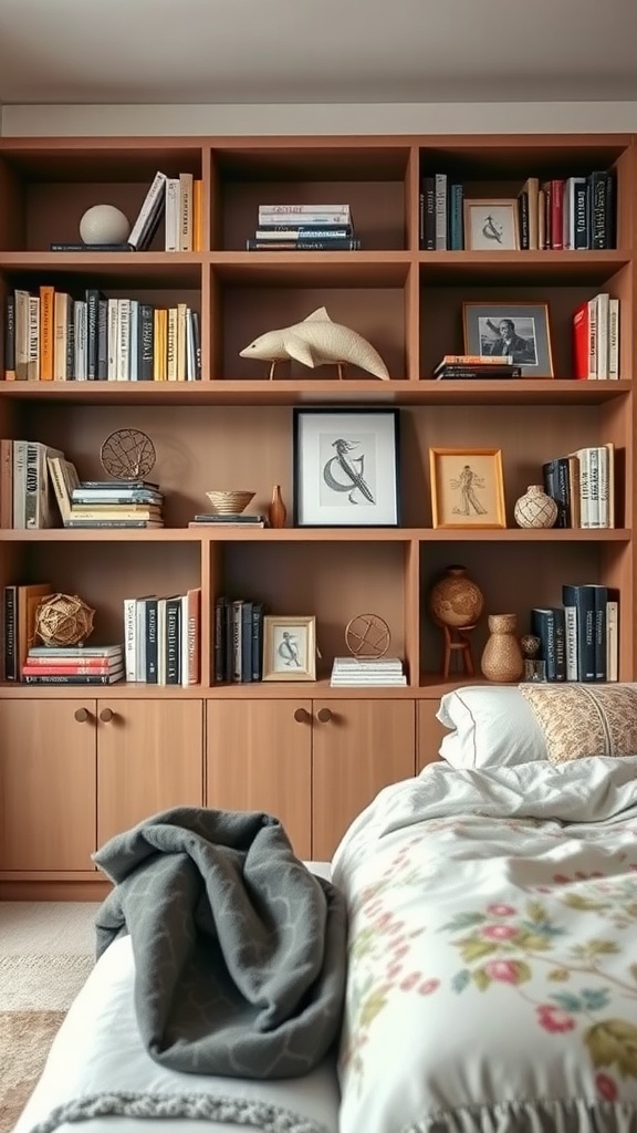 A cozy bedroom featuring a personalized wooden bookshelf filled with books and decorative items.