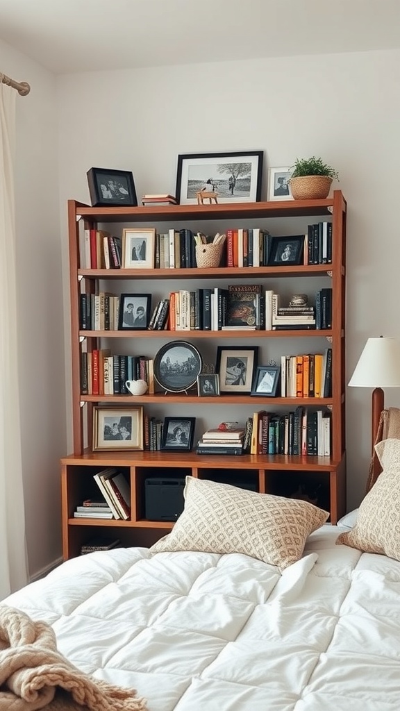 A cozy bedroom bookshelf filled with books and family photos, featuring a plant on top.