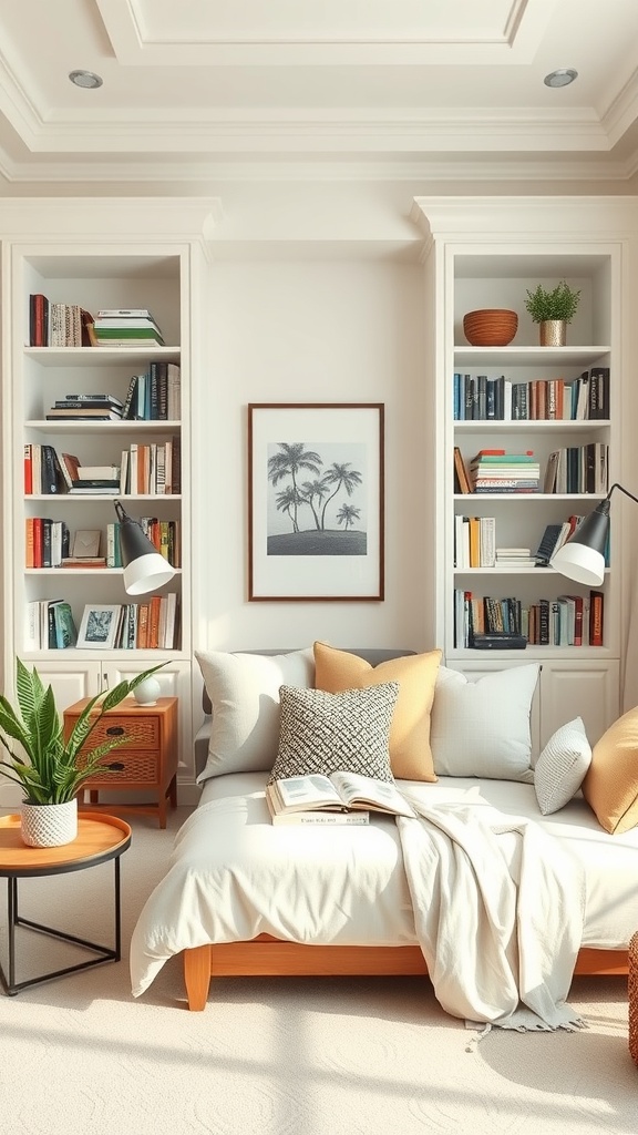 A cozy living room with personalized bookshelves filled with books and decorative items, featuring a comfortable couch and a small coffee table.