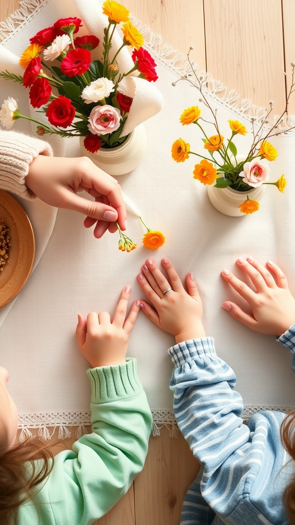 Children creating personalized vases with flowers in recycled bottles