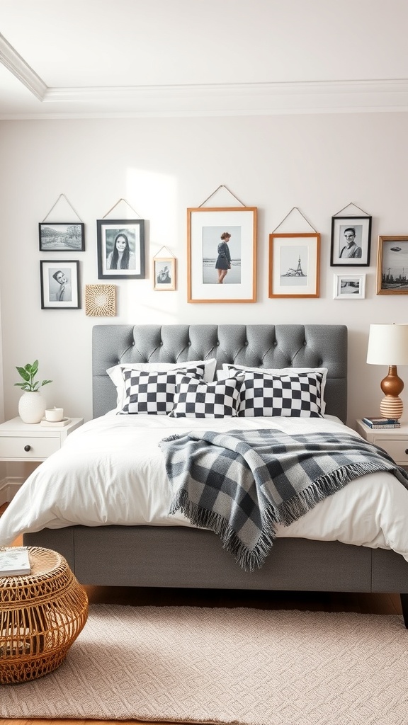 A cozy bedroom featuring checkerboard pillows and a mix of framed photos on the wall.