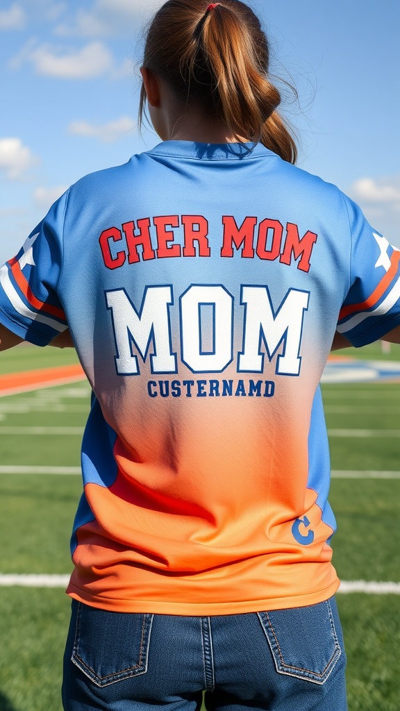 A person wearing a colorful cheer mom shirt, showing the back design with 'CHER MOM' and 'MOM CUSTERNAMD' on a sports field.