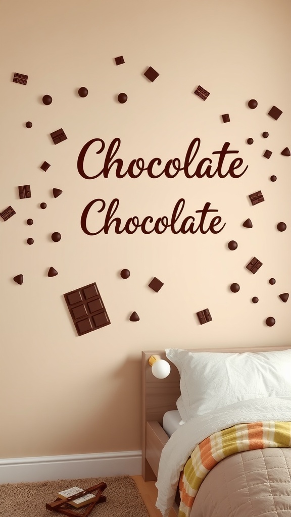 A cozy bedroom with chocolate-themed wall decals, including the text 'Chocolate Chocolate' and various chocolate shapes.