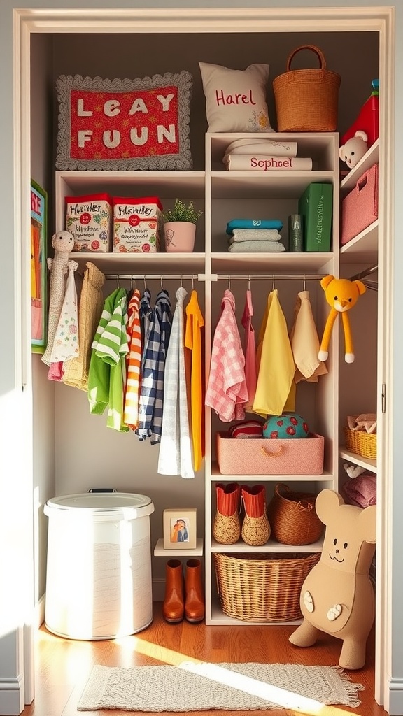 A colorful and organized kids closet with personalized decor including clothes, toys, and storage