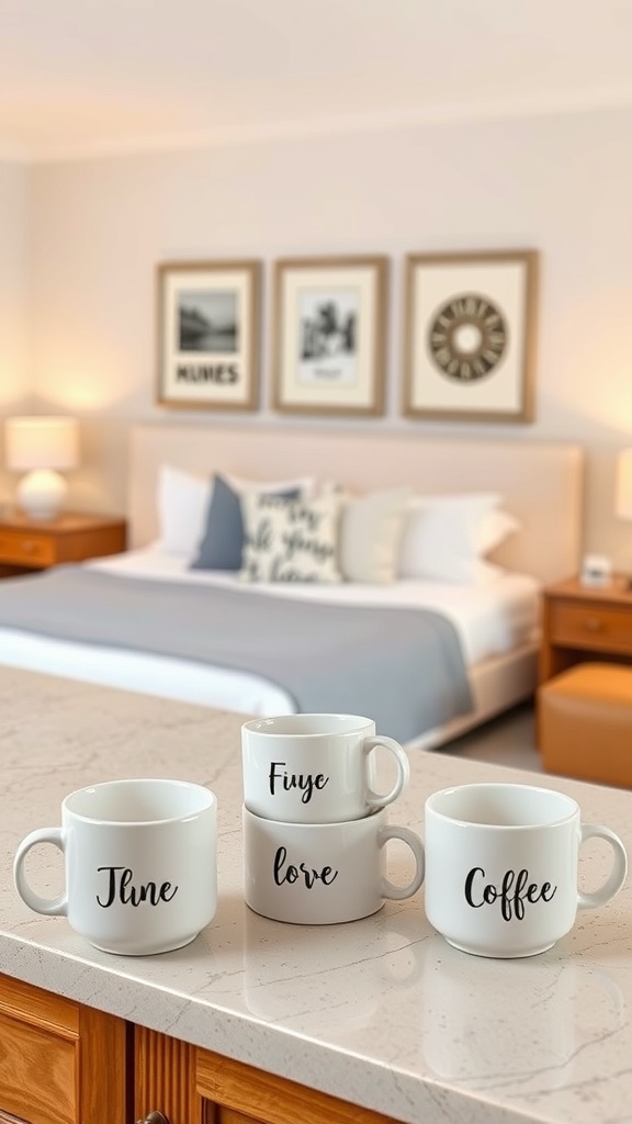 A collection of personalized coffee mugs on a kitchen counter.