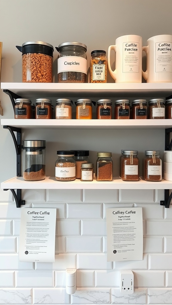 A coffee recipe shelf with jars of coffee ingredients and labels