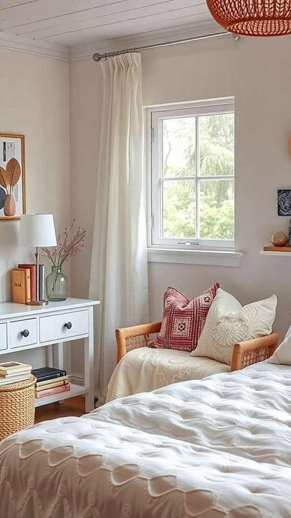 A cozy bedroom corner nook with a chair, decorative pillows, and a small side table with a vase.