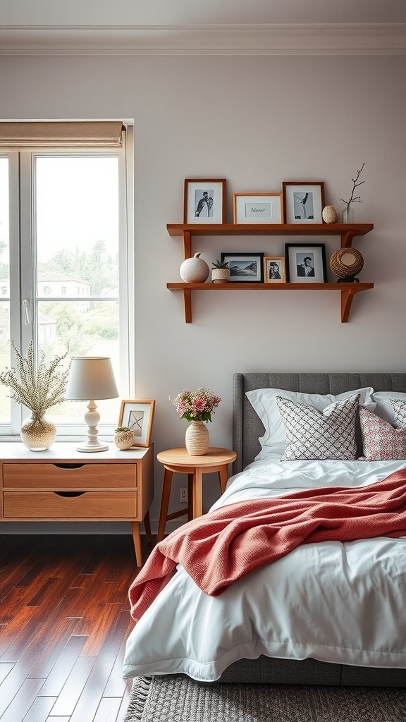 A cozy bedroom with a gray bed, wooden shelves displaying framed photos, and a small plant on a nightstand.