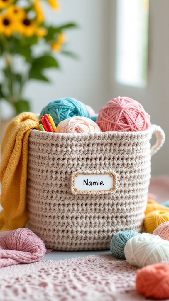 A crochet storage basket filled with colorful yarn balls and a name tag.