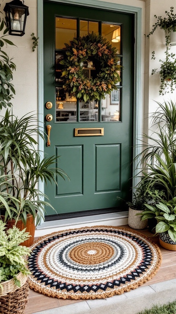 A round crochet door mat with intricate patterns in natural tones placed in front of a green door, surrounded by plants and a decorative wreath.