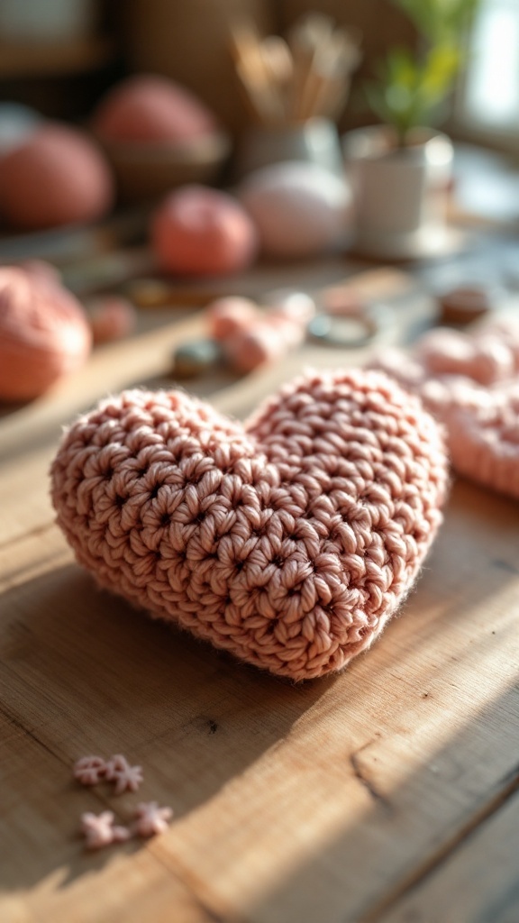 A pink crochet heart keychain on a wooden table, surrounded by yarn and crafting materials.