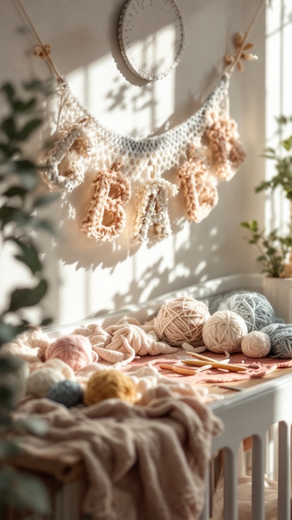 A crochet name banner that spells 'BABY' hanging in a nursery, surrounded by soft yarn and cozy decor.