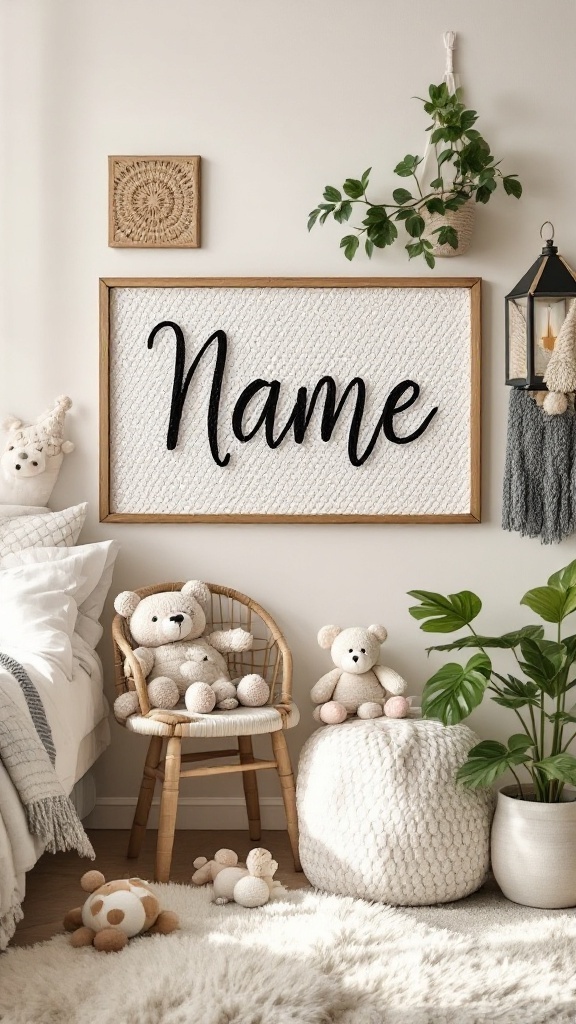 A crochet name sign displayed in a cozy room, surrounded by plush toys and warm decor.