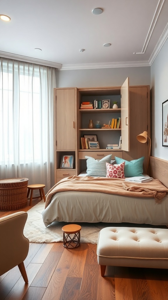 A cozy bedroom featuring a light wood cupboard with open shelves, displaying books and decorative items, alongside a bed with soft pillows and a warm blanket.