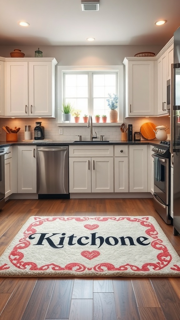 Custom kitchen rug with 'Kitchen' text and decorative border