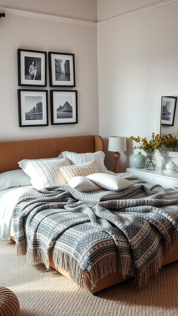 A cozy bedroom with a textured blanket, pillows, framed photographs on the wall, and a side table with a lamp and flowers.