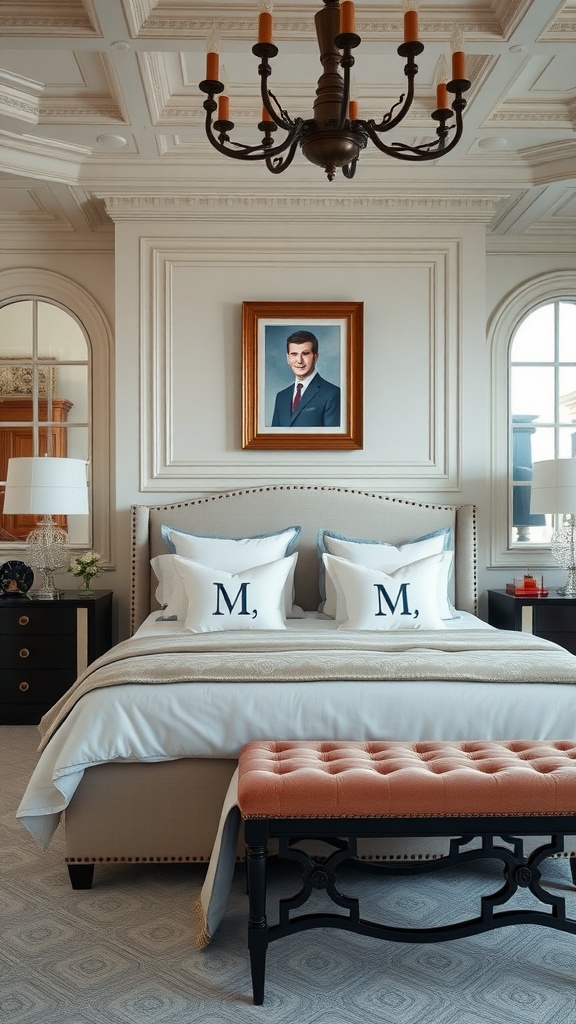 A luxurious mansion bedroom featuring a chandelier, a bed with personalized pillows, and a framed portrait on the wall.