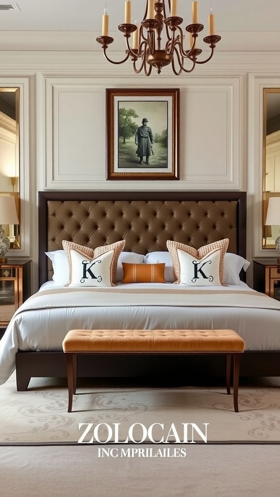 An elegant luxury bedroom with a tufted headboard, personalized pillows, and a chandelier.