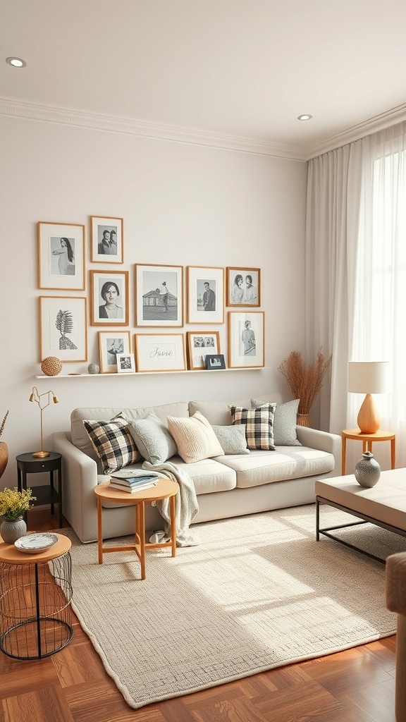 A cozy bohemian living room with a gallery wall, soft furniture, and natural elements.