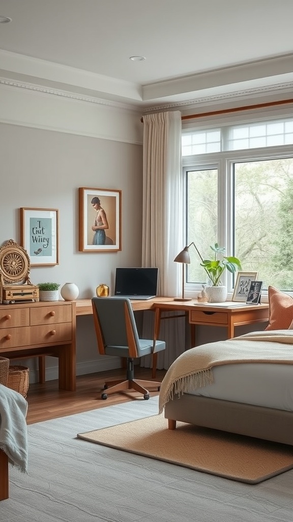 A cozy bedroom office combo featuring wooden furniture, framed artwork, and plants.