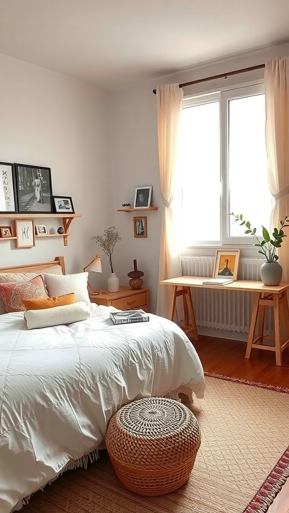 A cozy Korean-inspired bedroom with personalized decor elements, featuring a bed, wooden shelves with framed photos, and a woven pouf.
