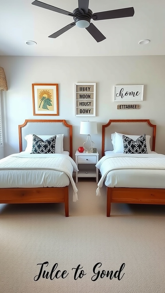 A shared bedroom featuring two twin beds with personalized decor, including decorative pillows and framed art on the walls.